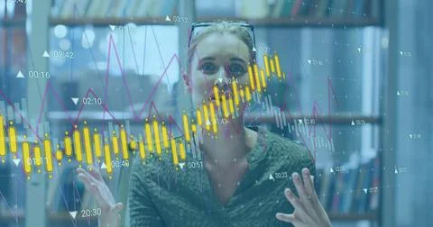 Image of data processing against portrait of caucasian woman talking on image Stock Photos