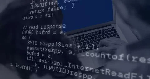 Image of data processing against rear view of man and woman using a laptop Foto stock