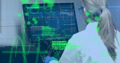 Image of data processing against rear view of female scientist using computer at Stock Photos