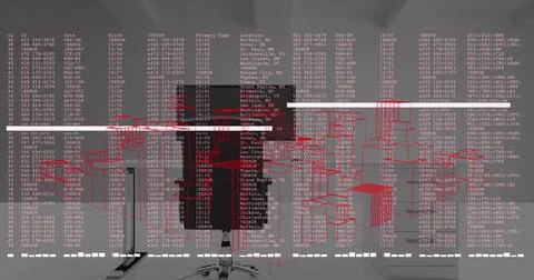 Image of data processing and 3d spinning city model against office desk Stock Illustration