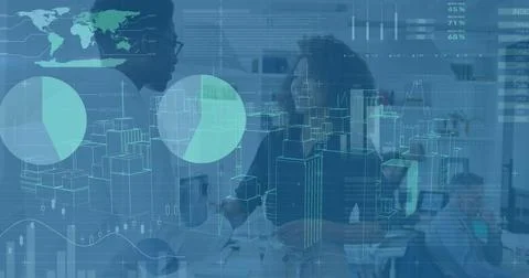 Image of data processing and 3d city model over diverse man and woman discussing Stock Illustration