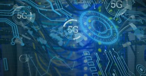 Image of data processing and 5g text over cables of computer server Stockfoto's