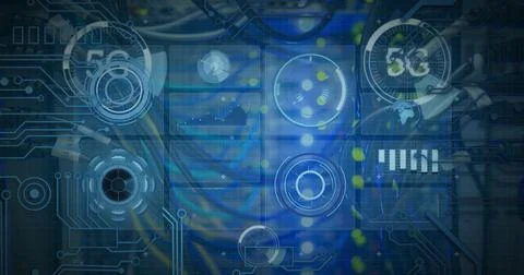 Image of data processing and 5g text over cables of computer server 스톡 사진