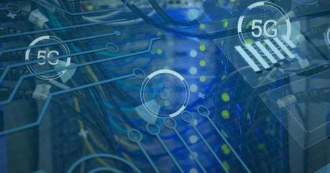 Image of data processing and 5g over computer wires Stock Photos