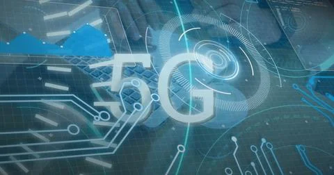 Image of data processing and 5g text over caucasian man using laptop Stockfoto's