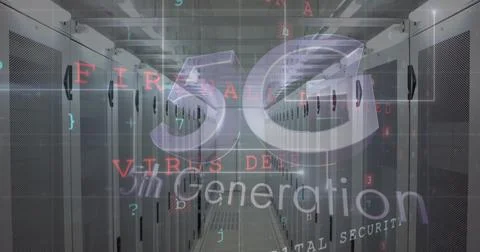 Image of data processing and 5g 5th generation text over server room Foto stock