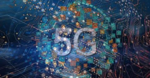 Image of data processing and 5g text with icons over network of connections 스톡 사진