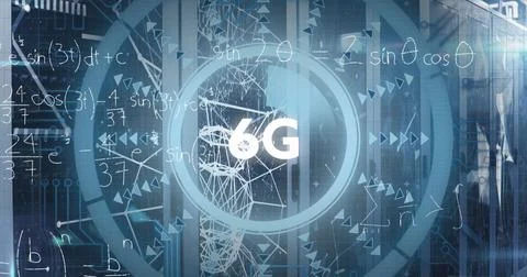 Image of data processing and 6g text over server room Illustrazione stock