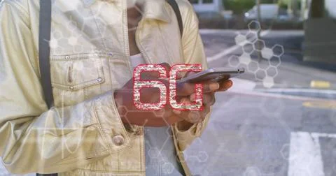 Image of data processing and 6g text over african american woman using Stock Illustration