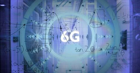 Image of data processing and 6g text over server room Foto stock