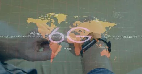 Image of data processing and 6g text over caucasian man with smartwatch Stock Photos