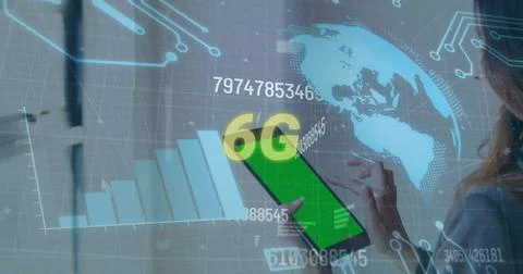 Image of data processing and 6g text over caucasian woman with tablet 写真素材