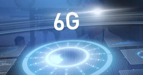 Image of data processing and 6g text over diverse doctors smiling 스톡 사진