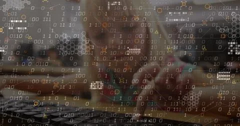 Image of data processing and abstract shapes against caucasian girl using 库存照片