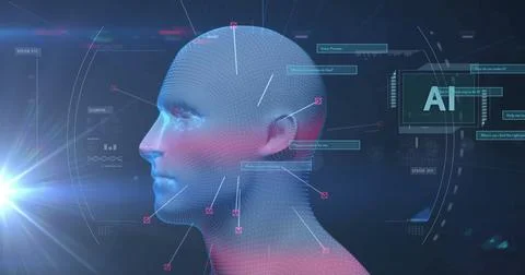 Image of data processing and ai text over digital human spinning Stock Photos