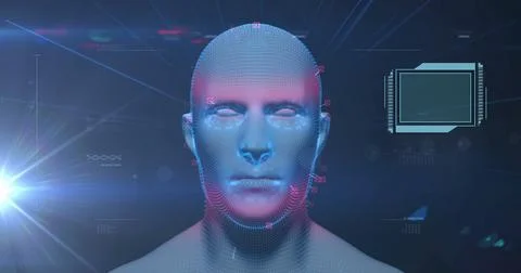 Image of data processing and ai text over digital human spinning Stock Photos