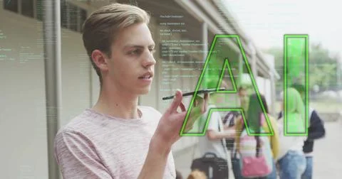Image of data processing and ai text over caucasian male student talking on Stock Photos