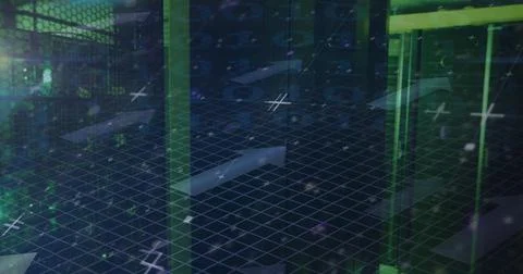 Image of data processing and arrows over green lights of computer servers Foto stock