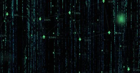 Image of data processing and arrows over black background Stock Photos