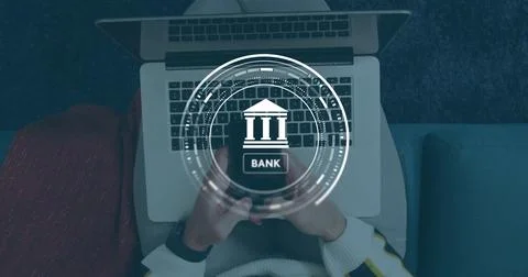 Image of data processing and bank symbol over caucasian man using smartphone Stock Photos