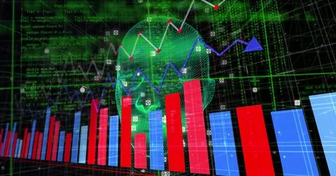 Image of data processing and bar graphs over spinning head model against black Foto stock