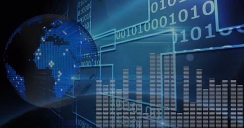 Image of data processing and binary coding on screen over planet earth Stock Photos