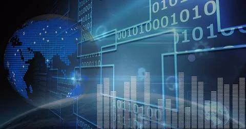 Image of data processing and binary coding on screen over planet earth Foto stock