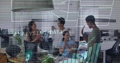 Image of data processing and binary coding over diverse business people talking Stock Photos