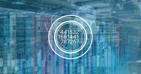 Image of data processing and binary coding over blue eye 스톡 사진