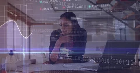 Image of data processing and binary coding over biracial businesswoman usin.. Stock Photos