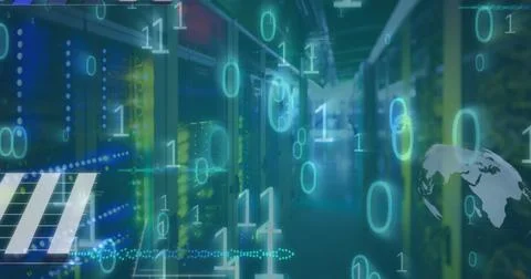 Image of data processing and binary coding against computer server room 写真素材