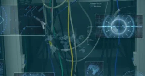Image of data processing and binary coding against close up of computer server Stock Photos