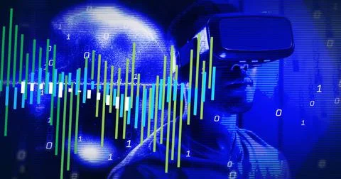Image of data processing and binary coding over african american man in vr Foto stock