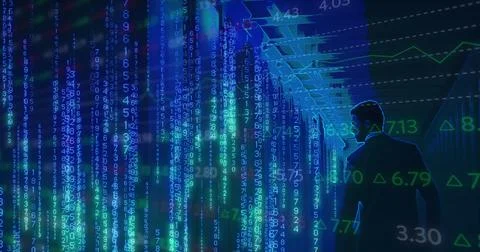 Image of data processing and binary coding over caucasian businessman and 스톡 사진