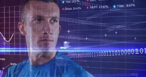 Image of data processing and binary coding over caucasian male rugby player Stock Photos