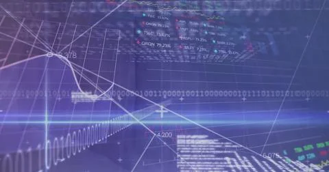 Image of data processing and binary coding on blue background 库存照片