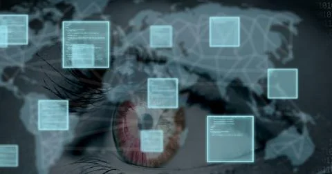 Image of data processing and binary coding over eye and world map Stock Photos