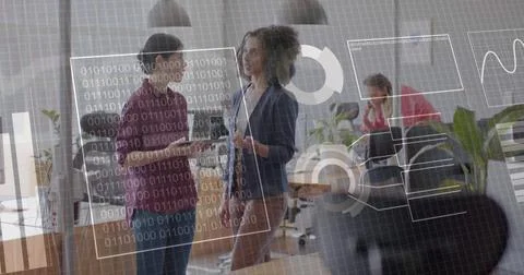 Image of data processing and binary coding over busy diverse business people Stock Photos