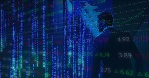 Image of data processing and binary coding over caucasian businessman and Stock Photos