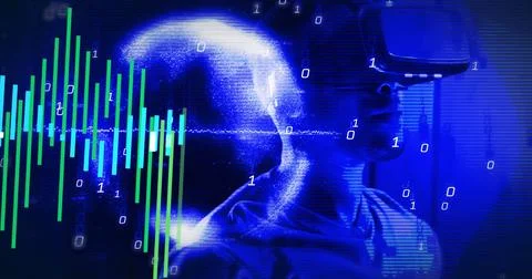 Image of data processing and binary coding over african american man in vr Stock Photos