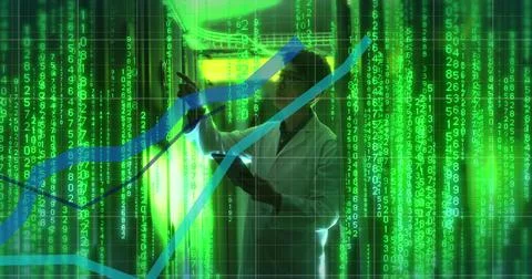 Image of data processing and binary coding over asian technician and computer Stock Photos