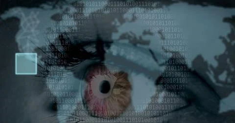 Image of data processing and binary coding over eye and world map Stock Photos