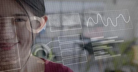 Image of data processing and binary coding over happy asian businesswoman Stock Photos