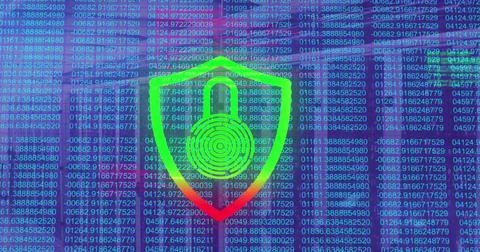 Image of data processing and biometric fingerprint padlock over computer se.. Stock Photos