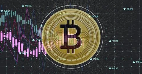Image of data processing and bitcoin symbol over black background Illustrazione stock