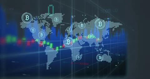 Image of data processing and bitcoin symbol over world map Ilustração Stock