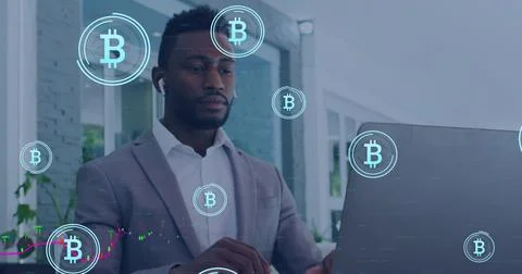 Image of data processing and bitcoin symbols over african amercian businessman Stock Photos