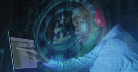Image of data processing and bitcoin over african american male worker in server 写真素材