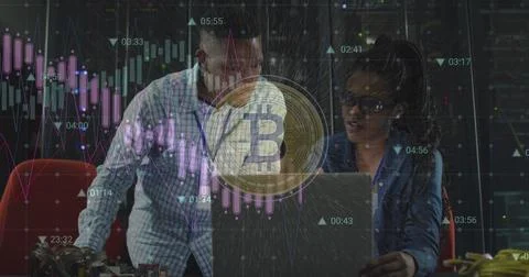 Image of data processing and bitcoin over african american workers in server 写真素材