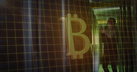 Image of data processing and bitcoin over caucasian female worker in server room 写真素材